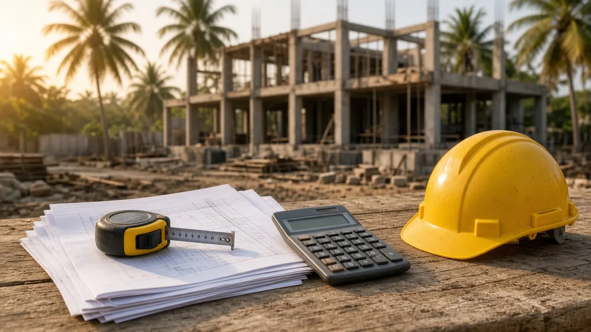 Site table with blueprints, measuring tape and helmet at a house construction site in Coimbatore