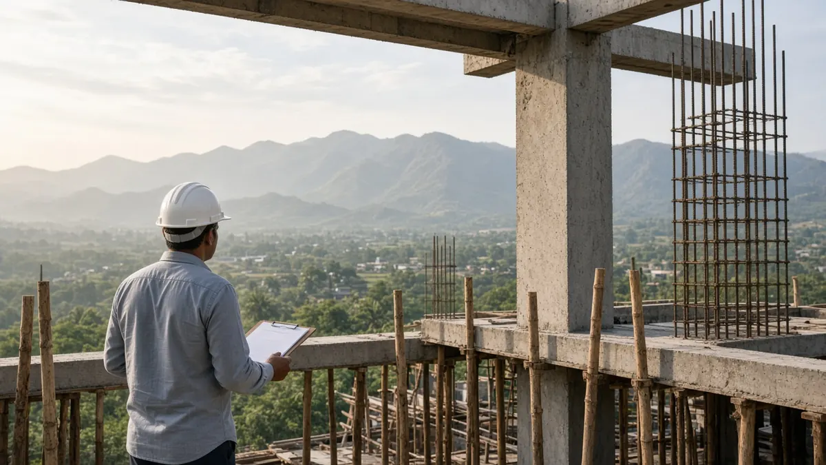 Project management consultant inspecting RCC work at a house construction site in Coimbatore