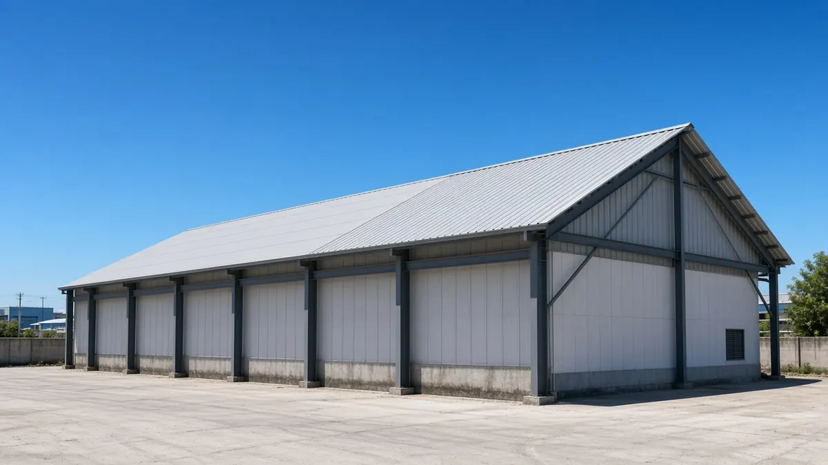 Industrial building roof with PUF sandwich panels and GI sheets in a Coimbatore industrial estate