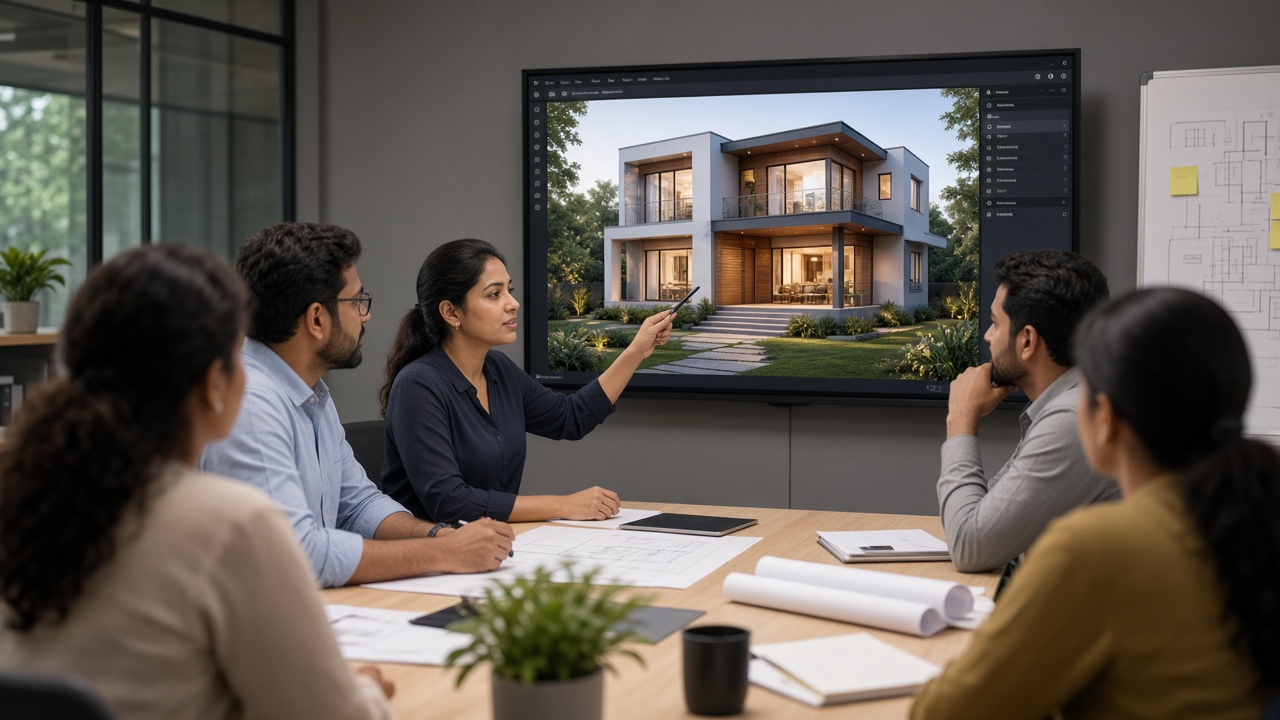 Design review meeting with screens showing 3D home layouts