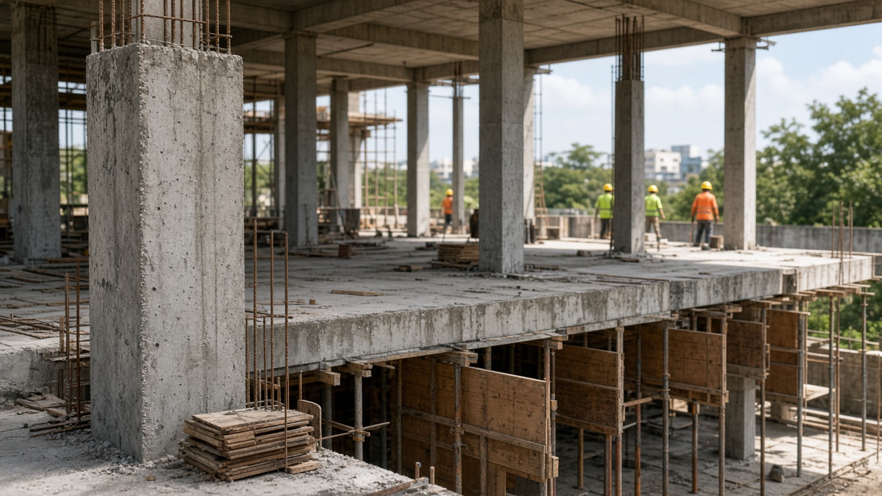Coimbatore residential construction site with columns and slab formwork