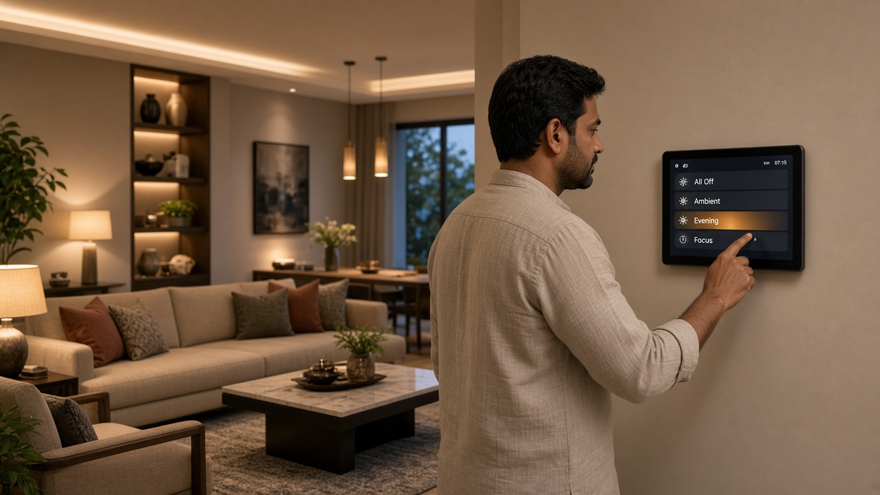 Homeowner using wall-mounted tablet scene controller in finished living room