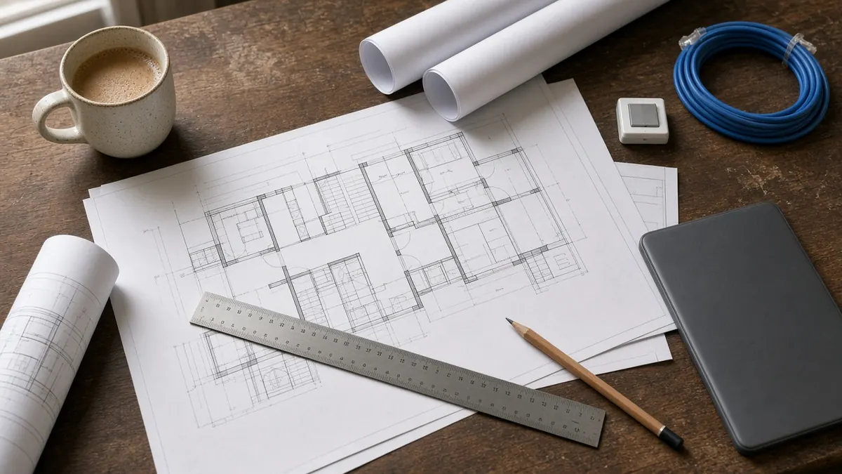 Floor plans, smart switch sample and network cable on a site office table for a turnkey automated home in Coimbatore
