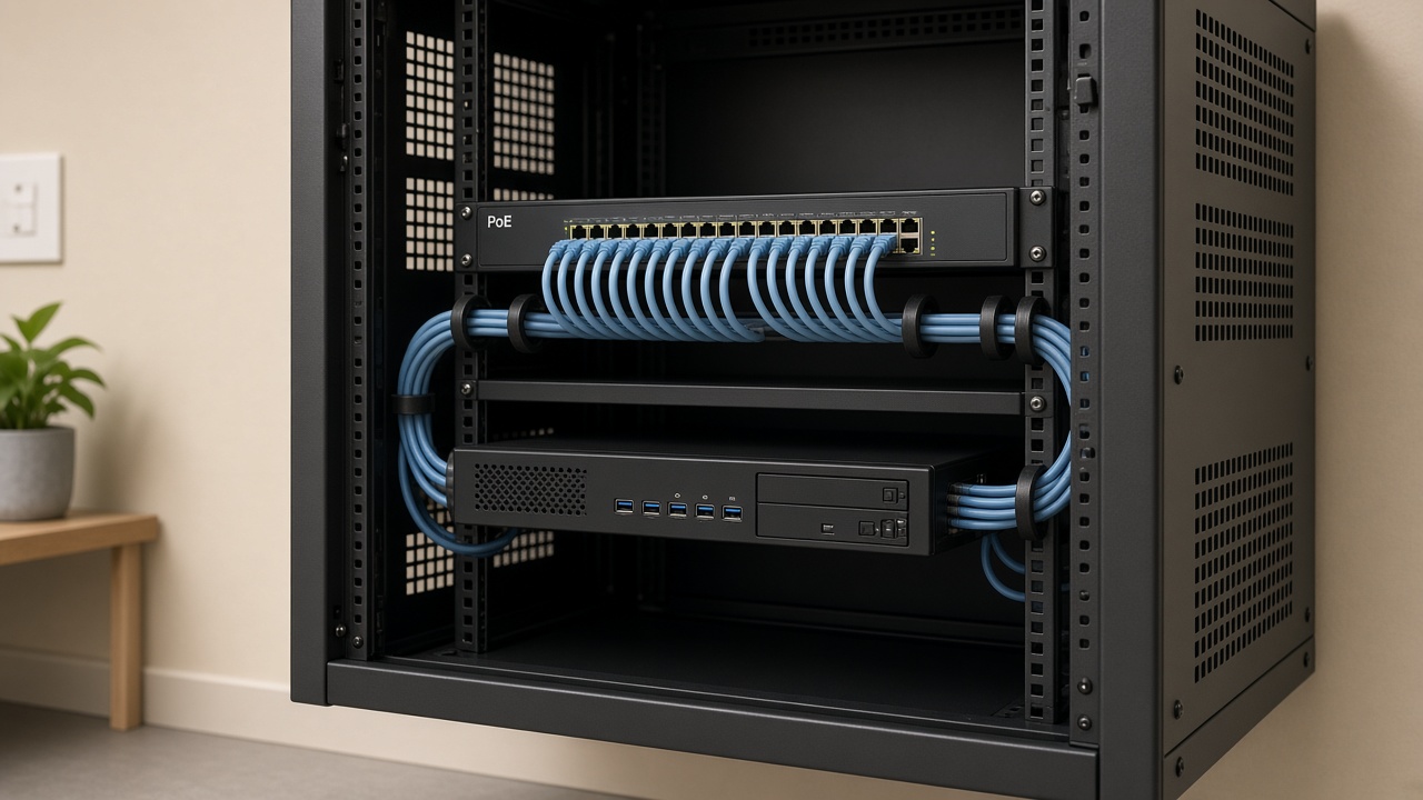 PoE switch and NVR in ventilated home networking cabinet