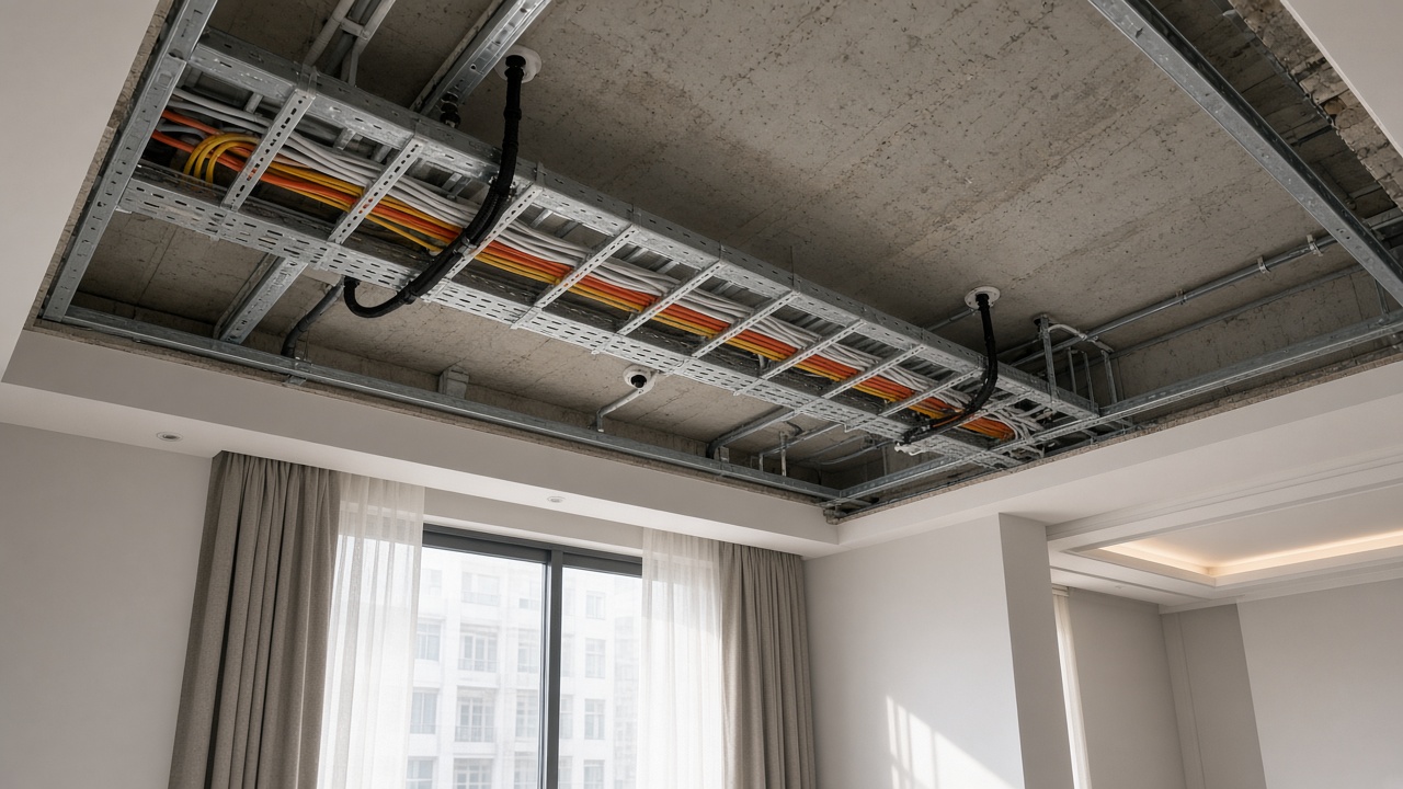 Cable tray above false ceiling with network and CCTV camera cables