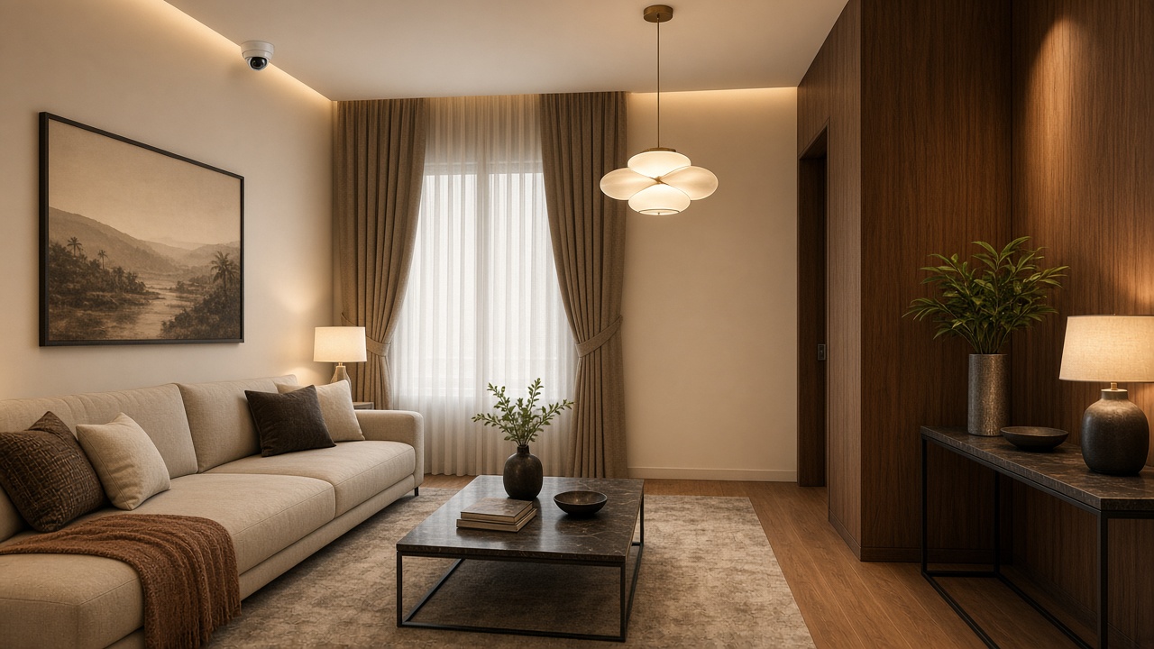 Living room corner with discreet CCTV camera and designer lighting