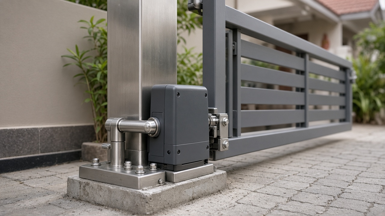Close-up of clean gate motor mechanism beside sliding gate track