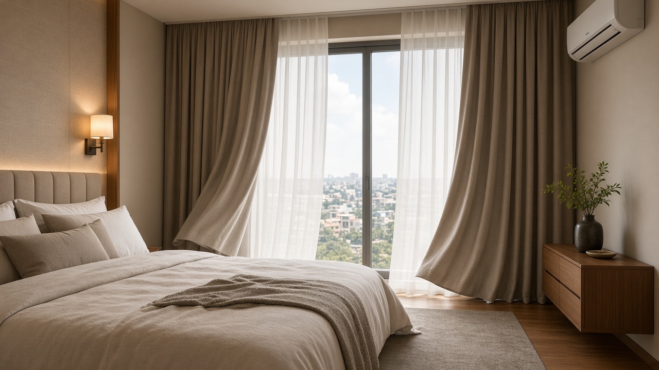 Bedroom with motorized curtains half-open in soft daylight