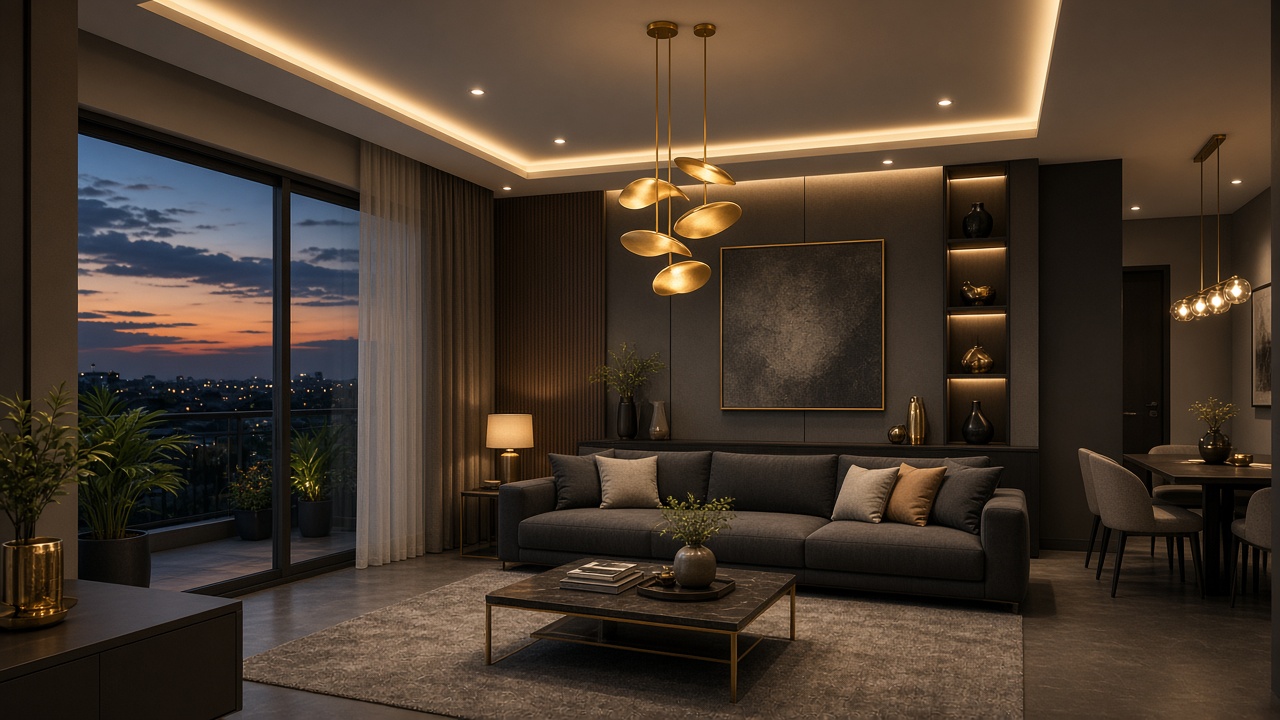 Layered smart lighting with cove and pendant lamps in premium living space