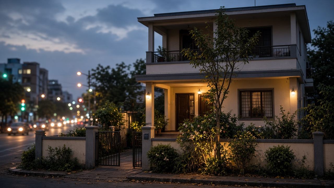 Independent home exterior at dusk with warm porch and window lights