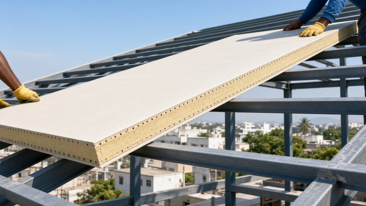 PUF insulated sandwich panel cross-section on a roofing site