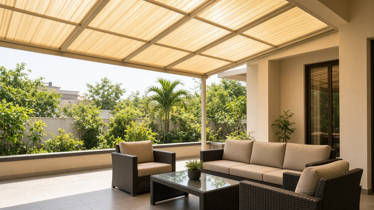 Polycarbonate patio roof filtering harsh Coimbatore sunlight