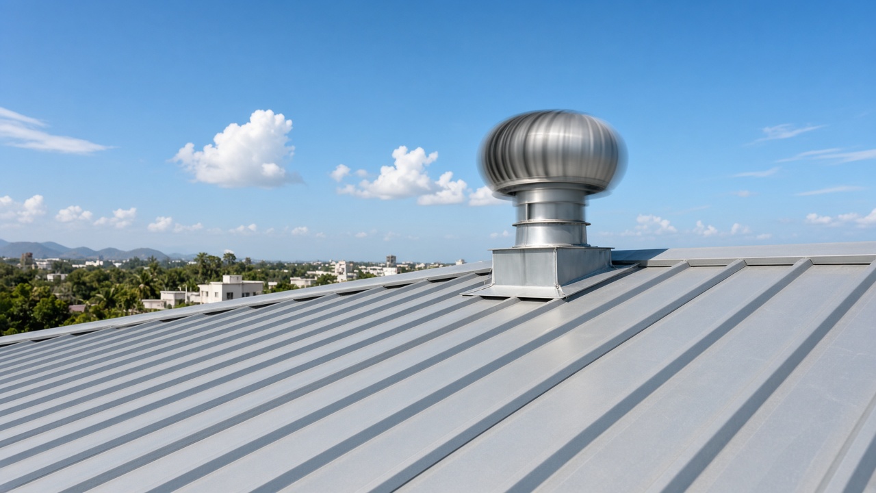 Roof ventilator on residential metal roof for heat exhaust