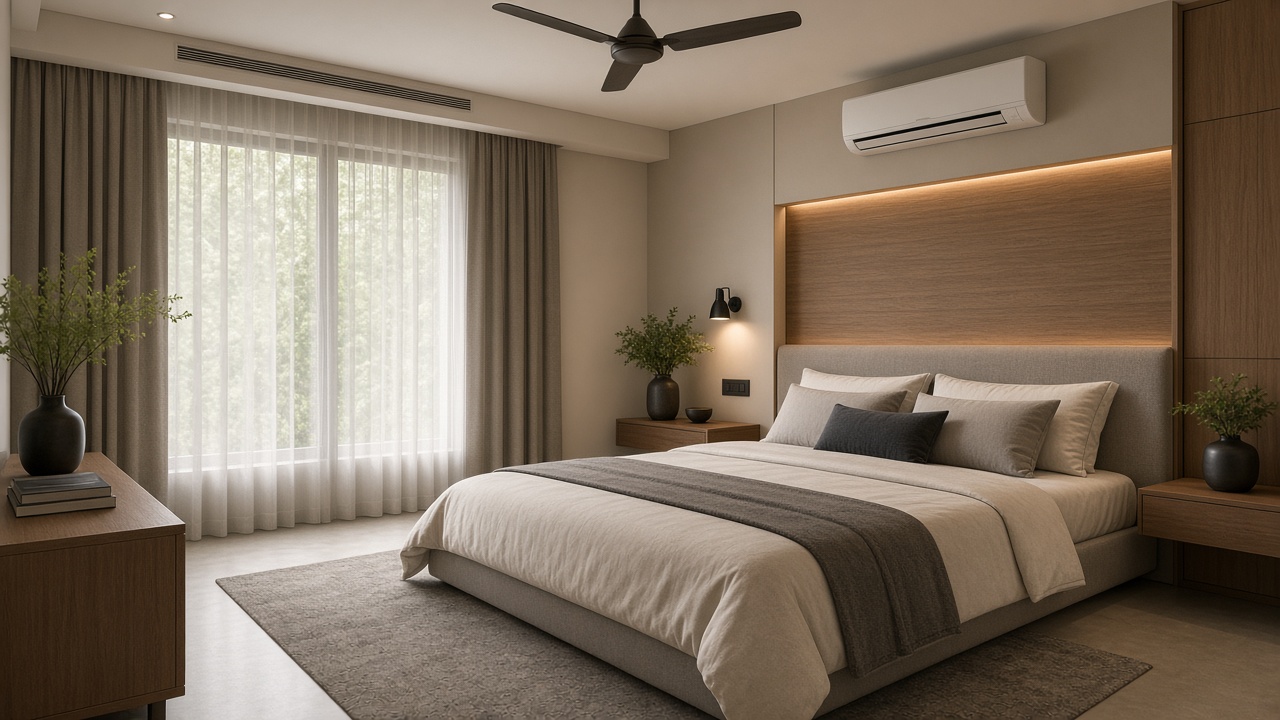 Cool modern bedroom with ceiling fan suggesting roof insulation comfort