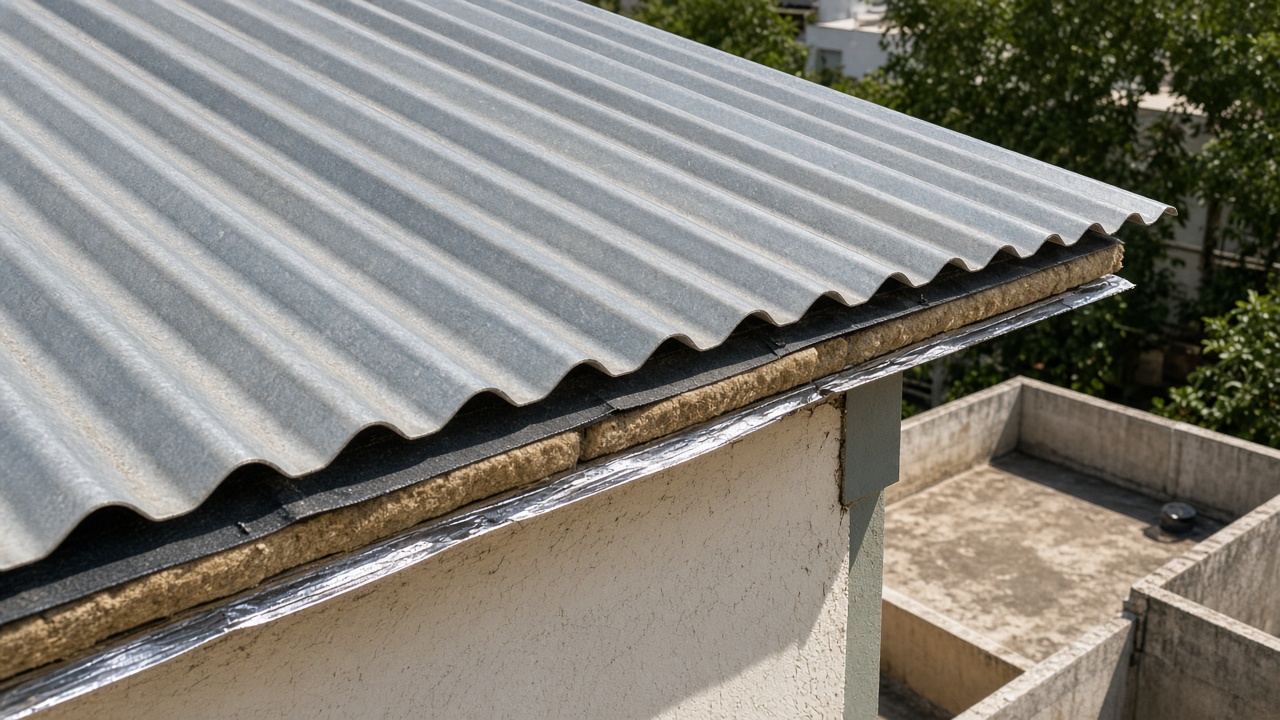 Coimbatore sun over metal sheet roof with heat-barrier underlay at the edge