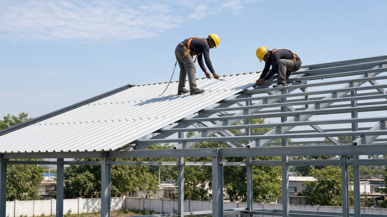 Workers installing aluminium or UPVC roof sheets on industrial shed
