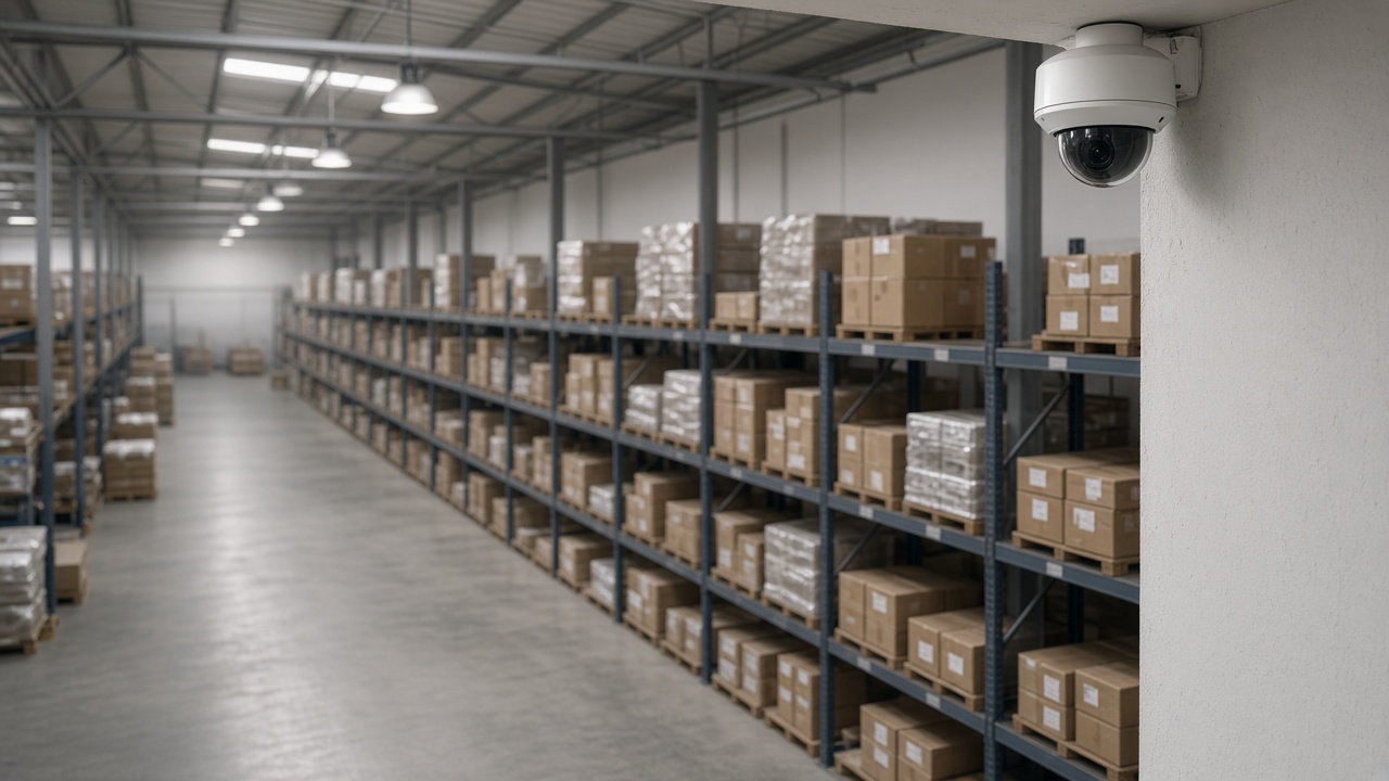 Warehouse aisle with corner-mounted CCTV cameras