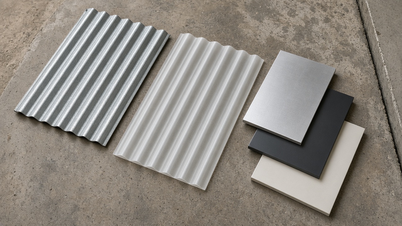 GI, UPVC and aluminium roofing sample comparison flatlay