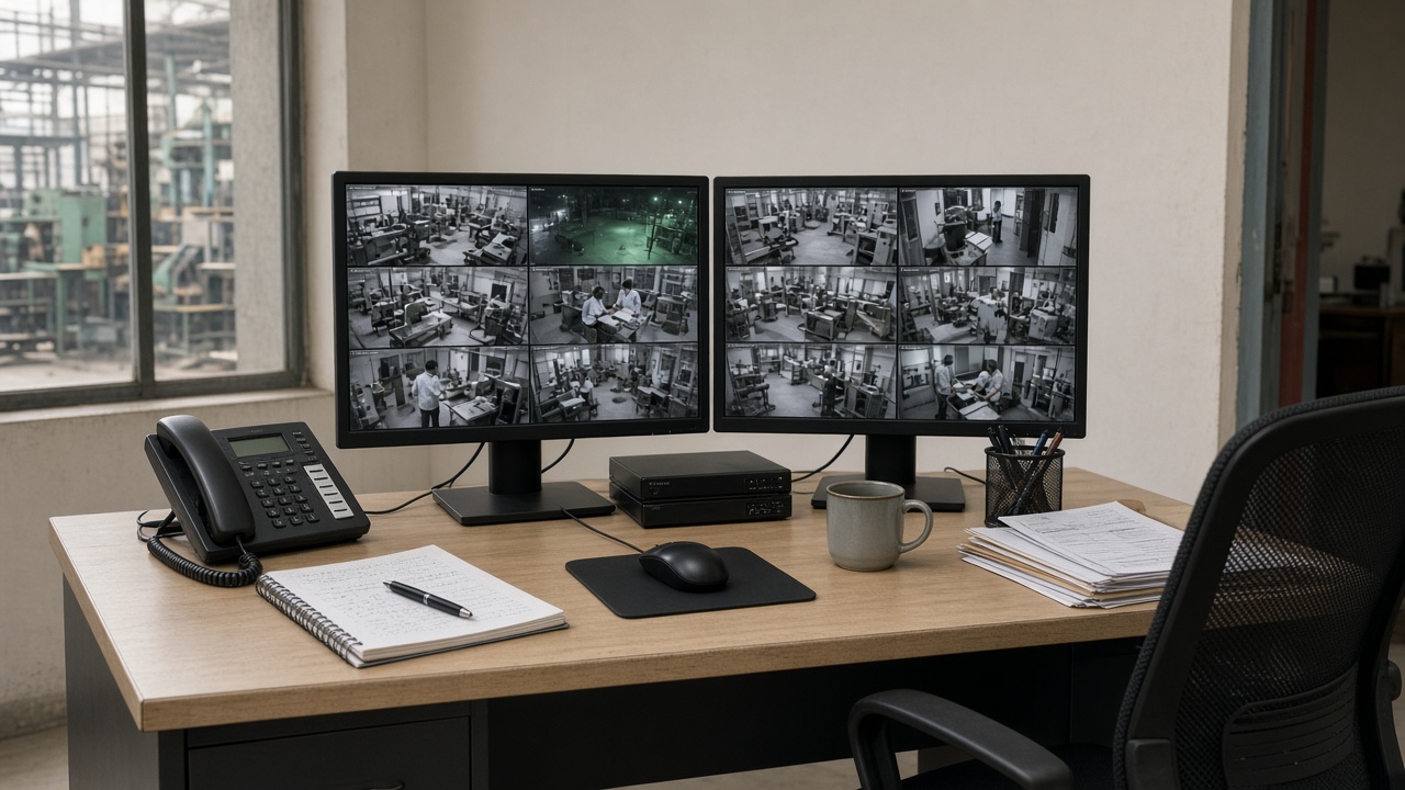 Small-factory monitor wall with CCTV displays in control corner