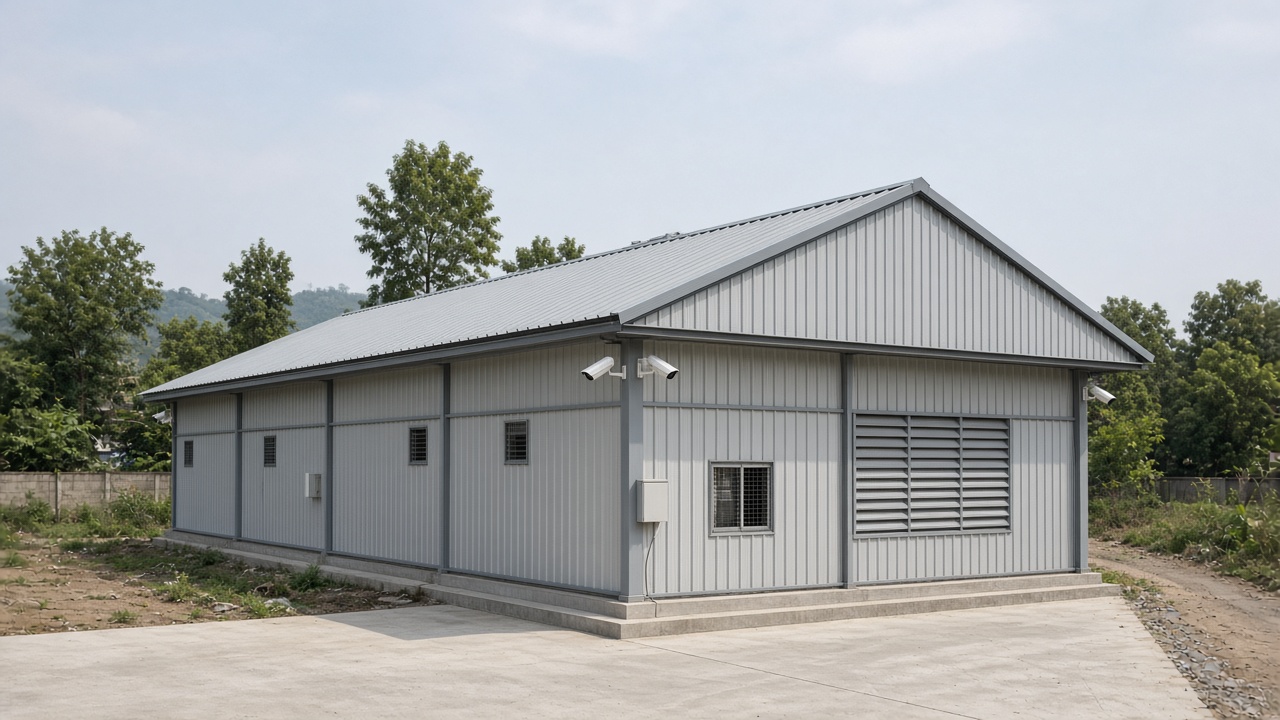 SME industrial shed with metal roof and discreet CCTV in Coimbatore estate