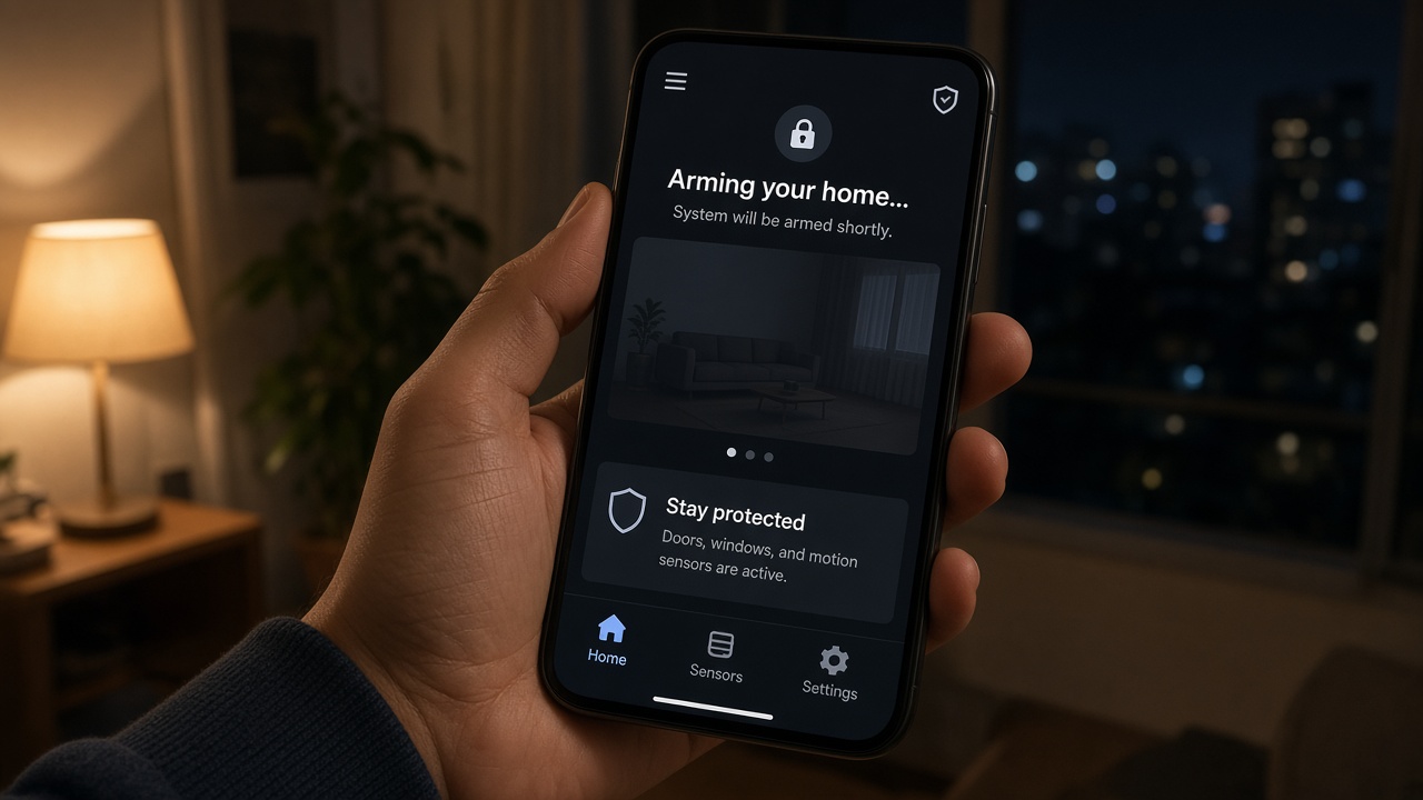Phone app remote unlock and arm scene at night with generic UI