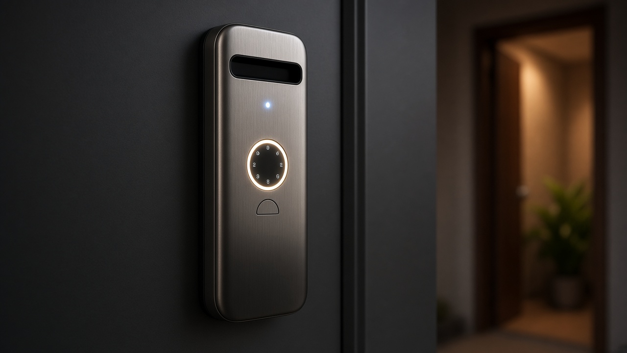 Smart lock close-up glowing softly on entrance door