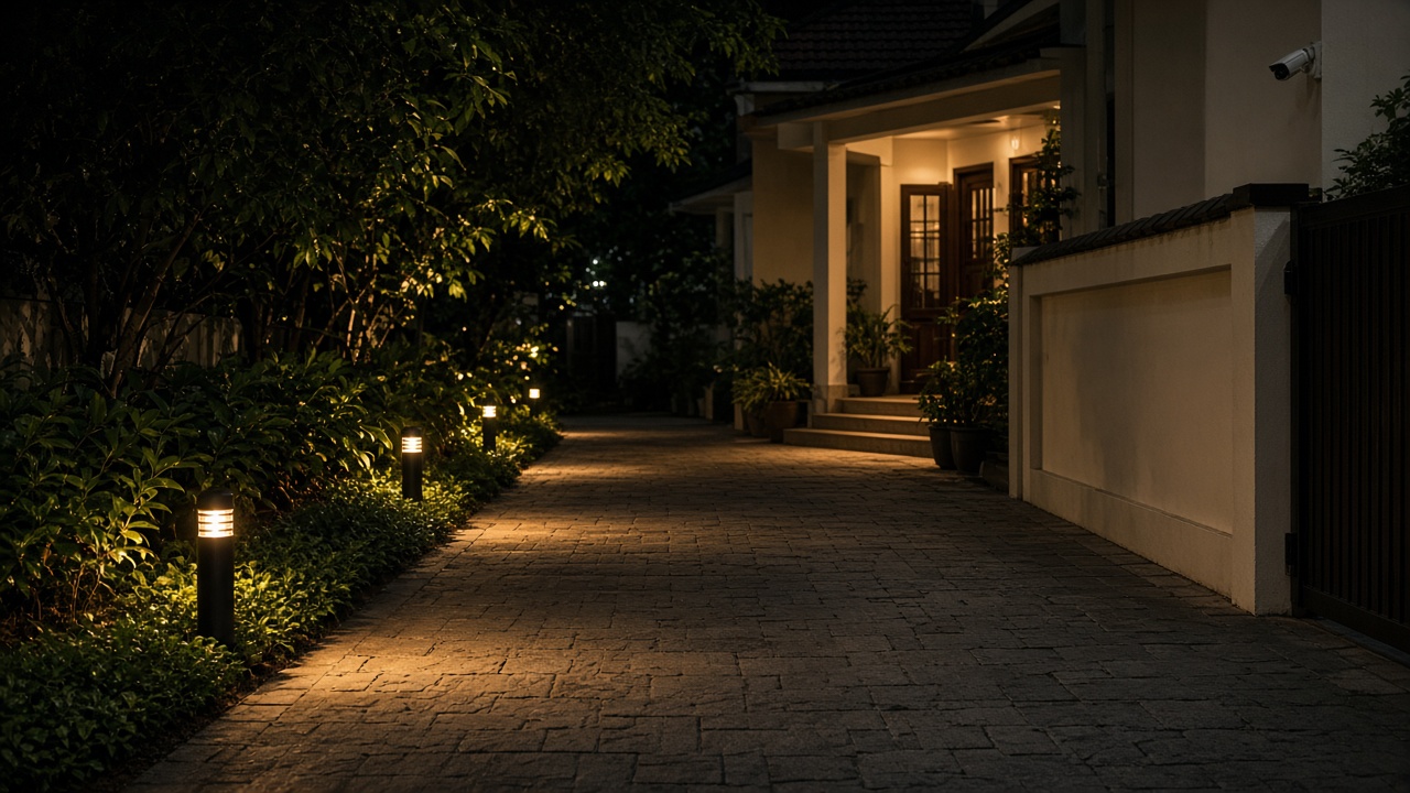 Motion-sensor path lights along driveway at night
