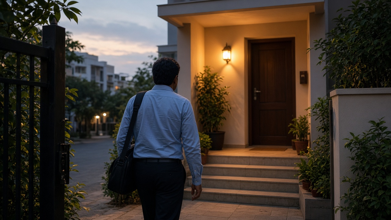 IT professional arriving home at dawn with porch light auto-on