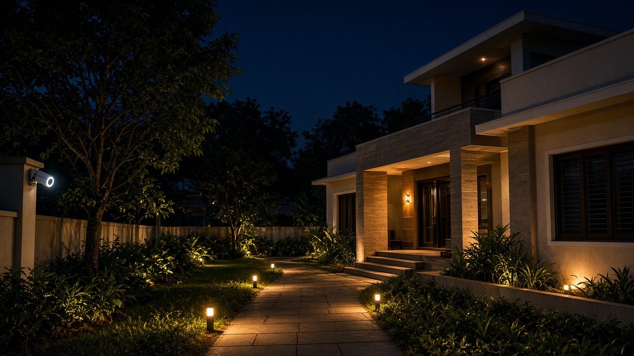 Night exterior of Coimbatore home with subtle security lighting and camera LED