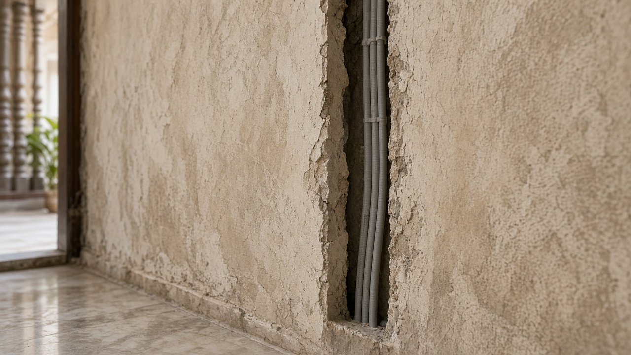 Concealed wiring chase in thick old wall during careful renovation