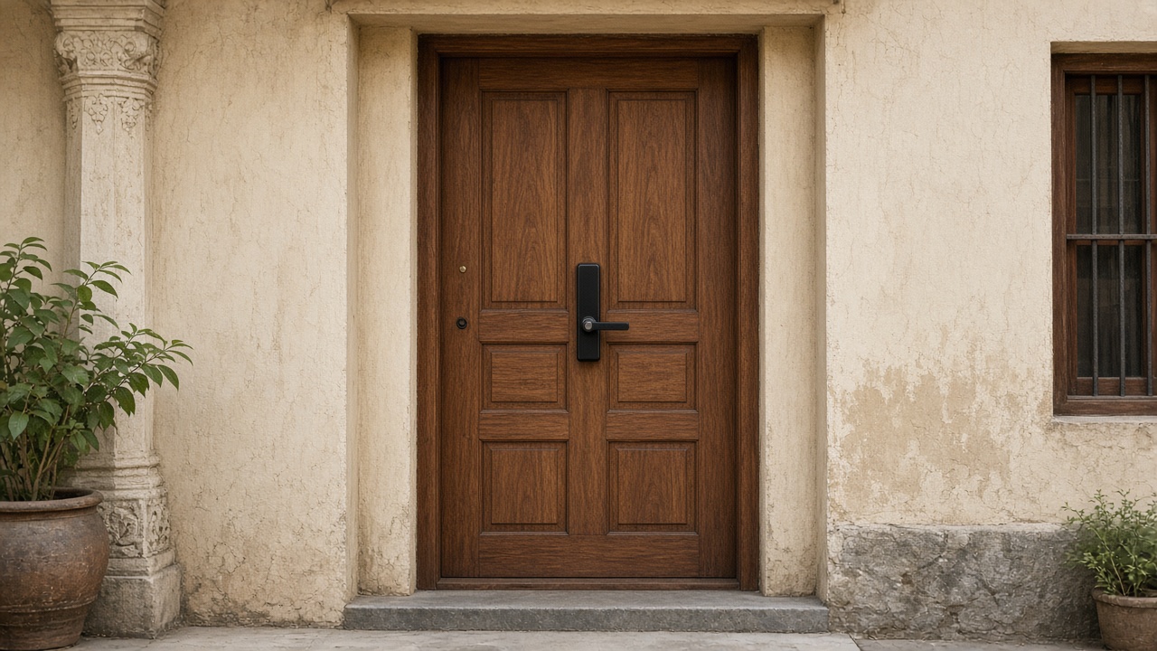 Restored teak door with tasteful modern smart lock