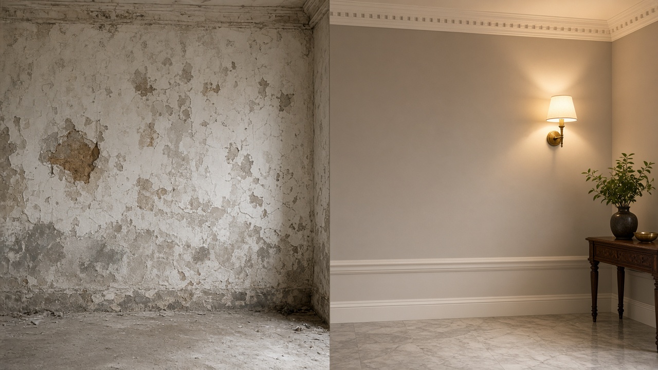 Heritage renovation corner transitioning to finished elegant room