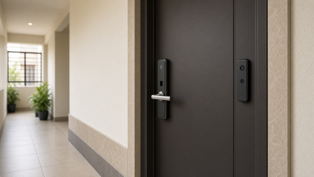 Smart lock and video doorbell on apartment entrance door