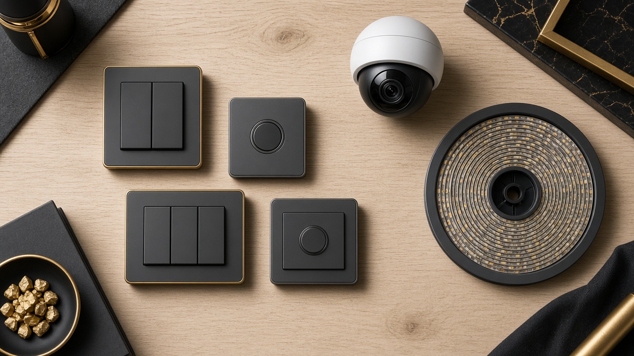 Package layers still life: switches, small camera and LED strip samples