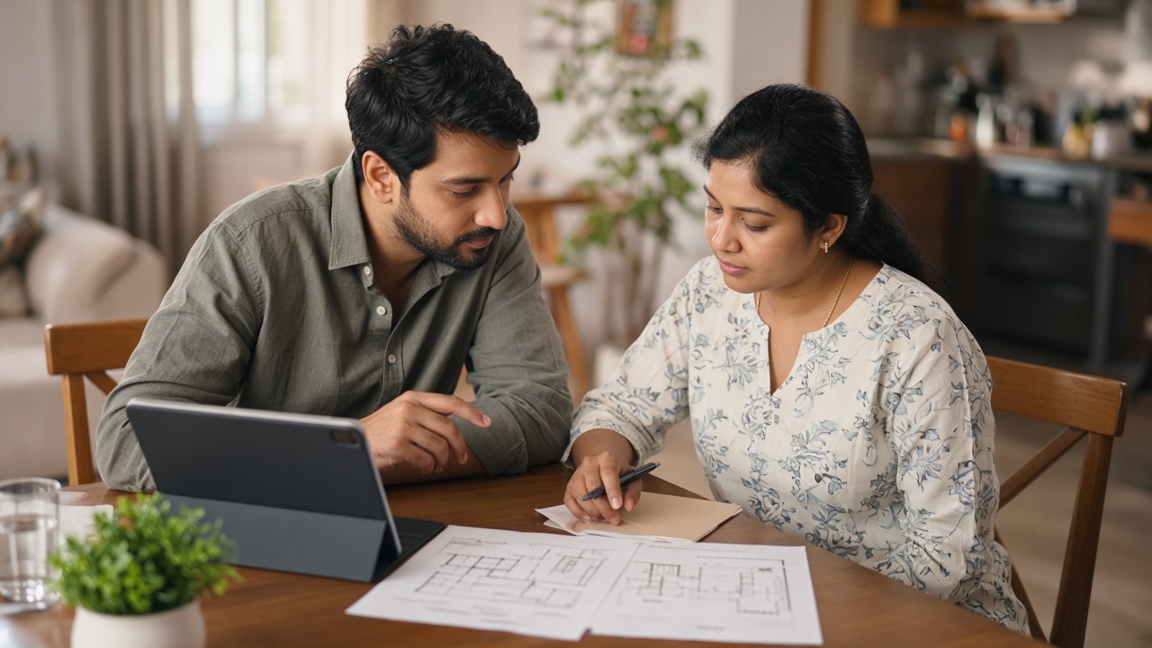 Couple reviewing interior quote papers on dining table without readable prices