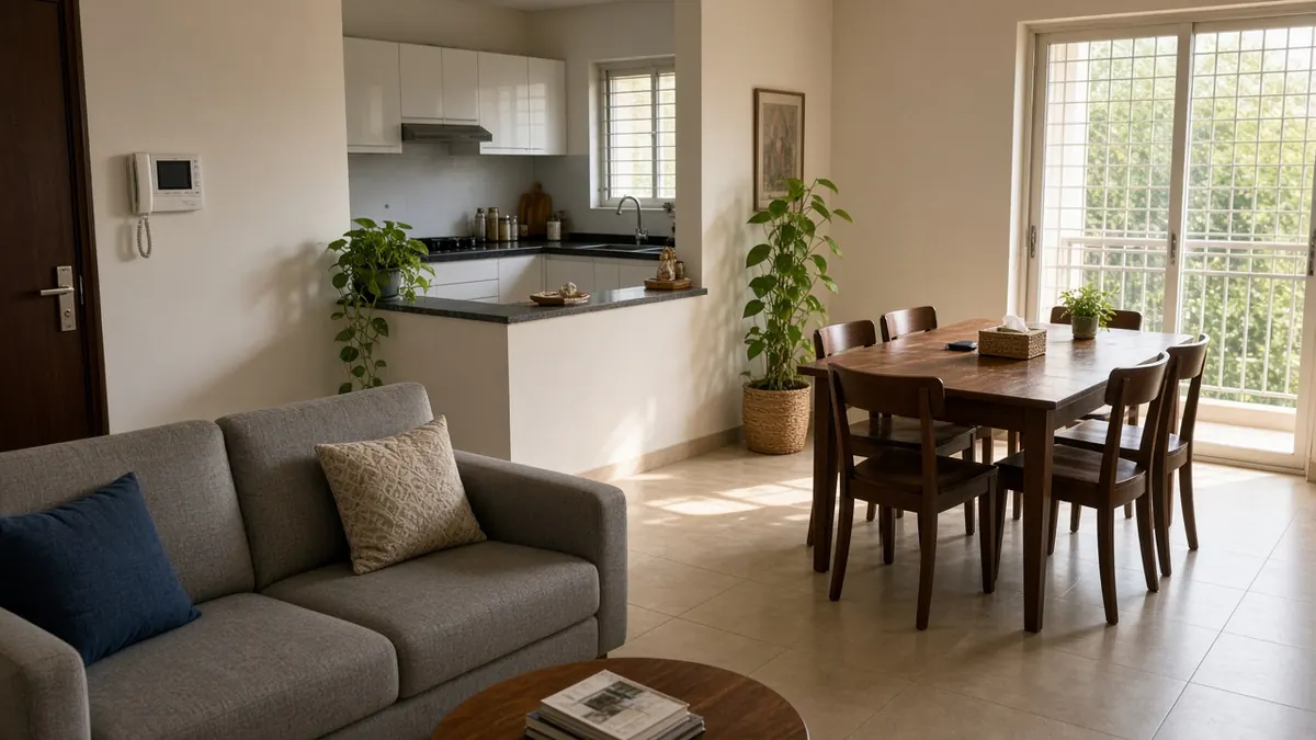 Lived-in 2BHK apartment living, dining and kitchen area in Saravanampatti, Coimbatore