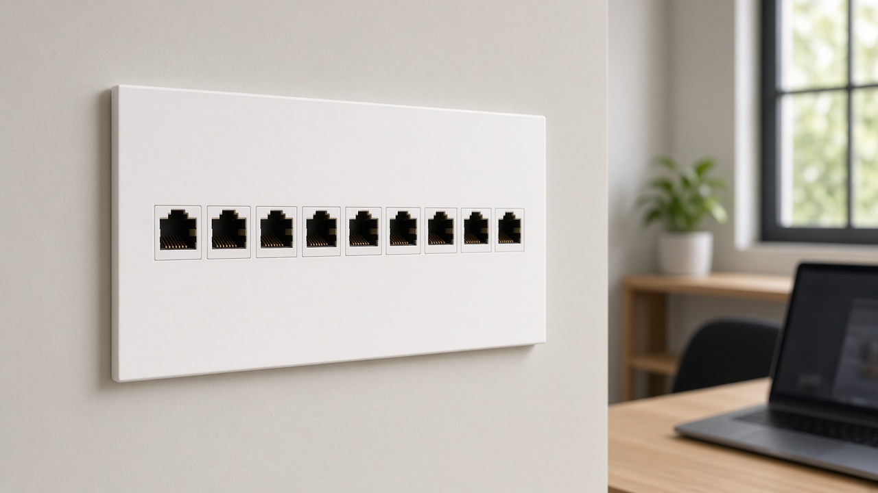 Structured cabling wall plate with Ethernet ports flush-mounted