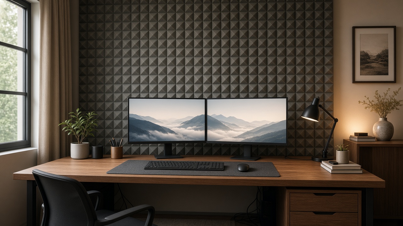 Acoustic panels behind home-office desk with soft ambient lighting