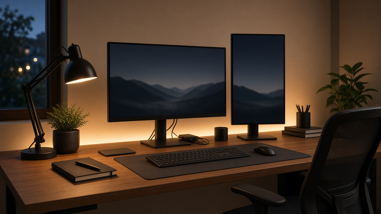 Desk with task lamp and soft bias lighting behind dual monitors