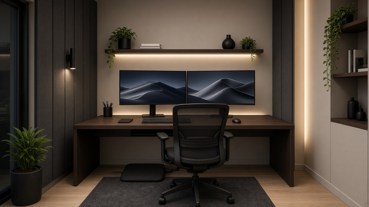 Compact Saravanampatti IT cabin home office with dual monitors and acoustic panel
