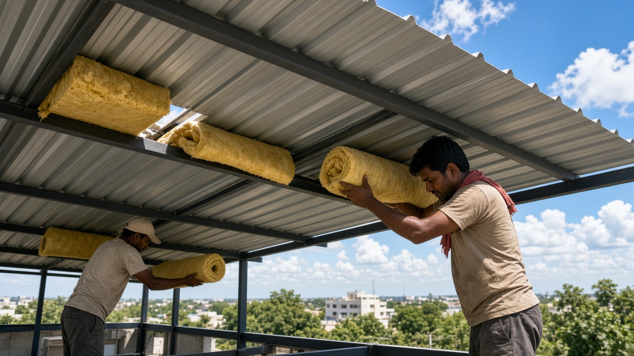 Workers installing insulation rolls under metal roof on residential site