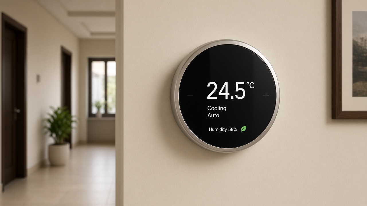 Generic smart thermostat on clean modern wall, no brand logos