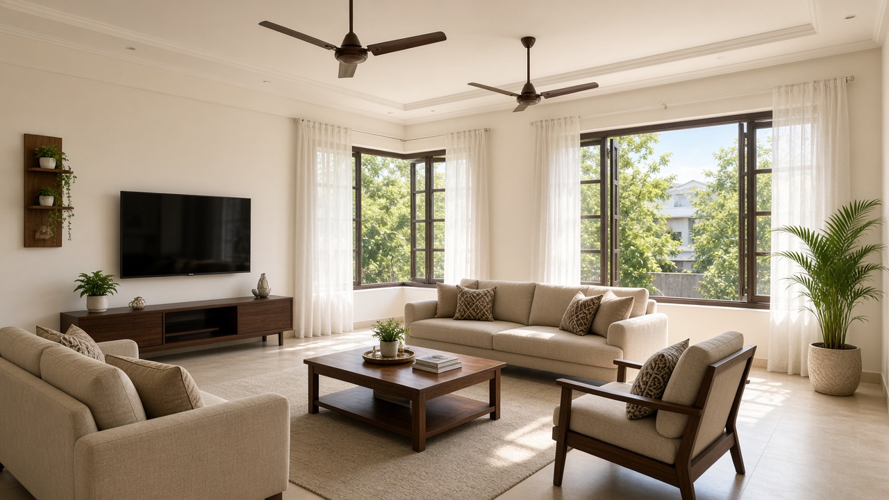 Living room with ceiling fans and open windows for cross ventilation