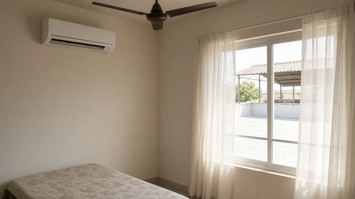 Cool bedroom with split AC and ceiling fan in a Coimbatore home, with a heat-reflective terrace roof outside