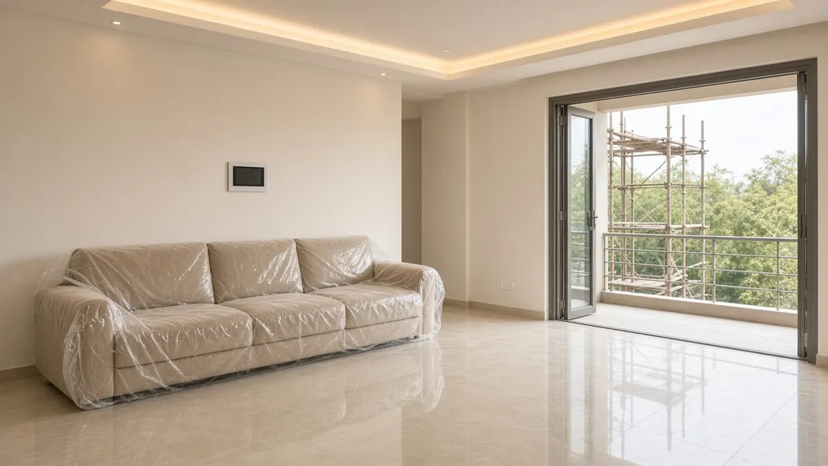 Newly finished living room with false ceiling and smart switch panel at handover in a Coimbatore home