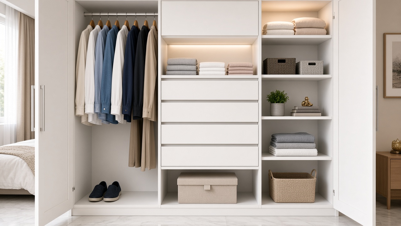 uPVC wardrobe interior organization with soft-close hardware