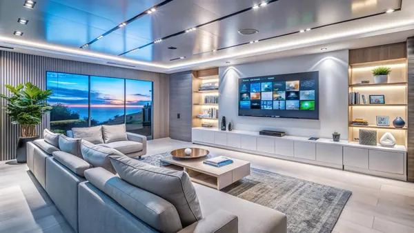 Smart living room with wall-mounted TV, cove lighting and backlit shelving