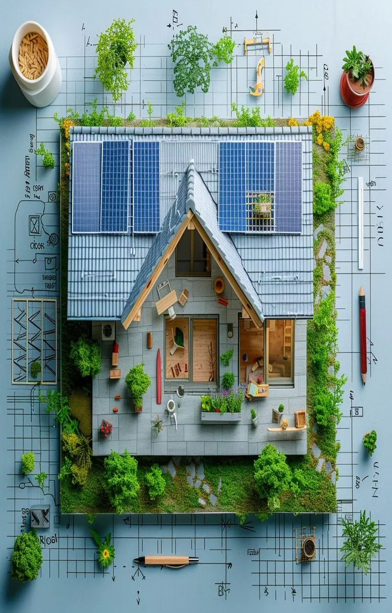 Model home with rooftop solar panels on architectural plans, representing smart home planning