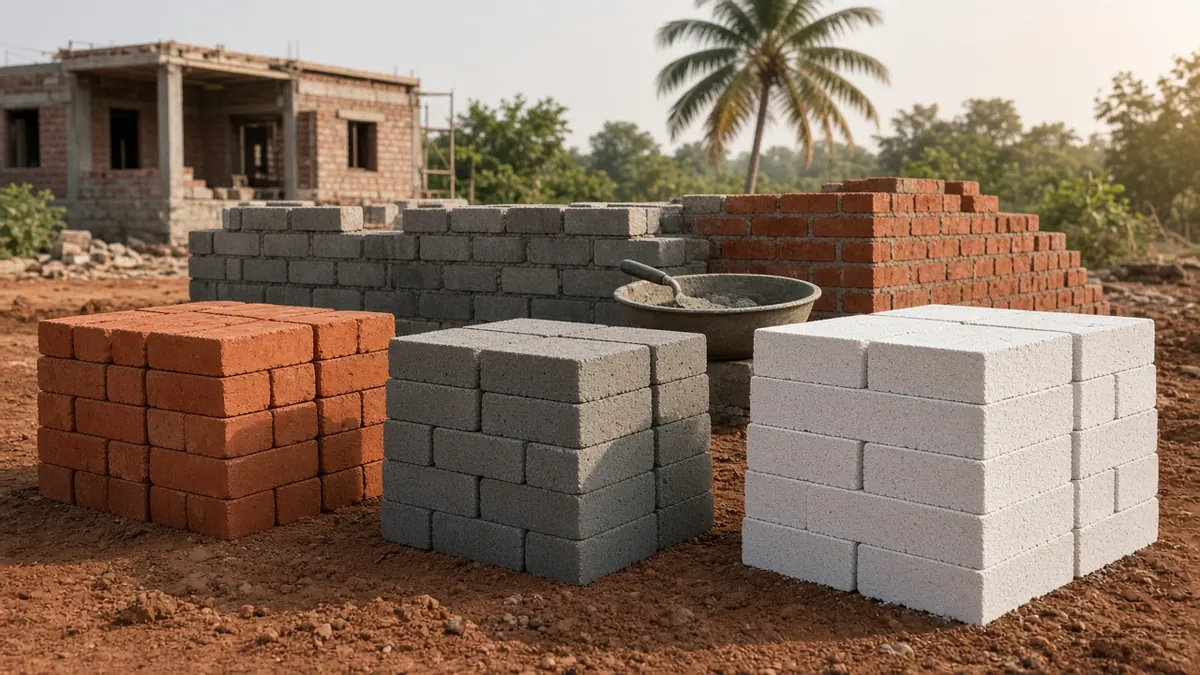 Stacks of red clay bricks, grey fly ash bricks and white AAC blocks at a house construction site in Coimbatore with a half-built wall behind