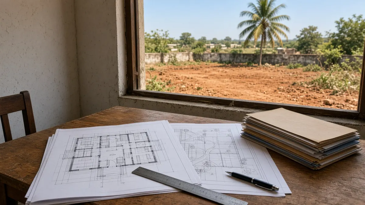 Architect's printed house plan with a site plan, ruler and approval documents on a table in a Coimbatore site office, with an empty residential plot visible through the window
